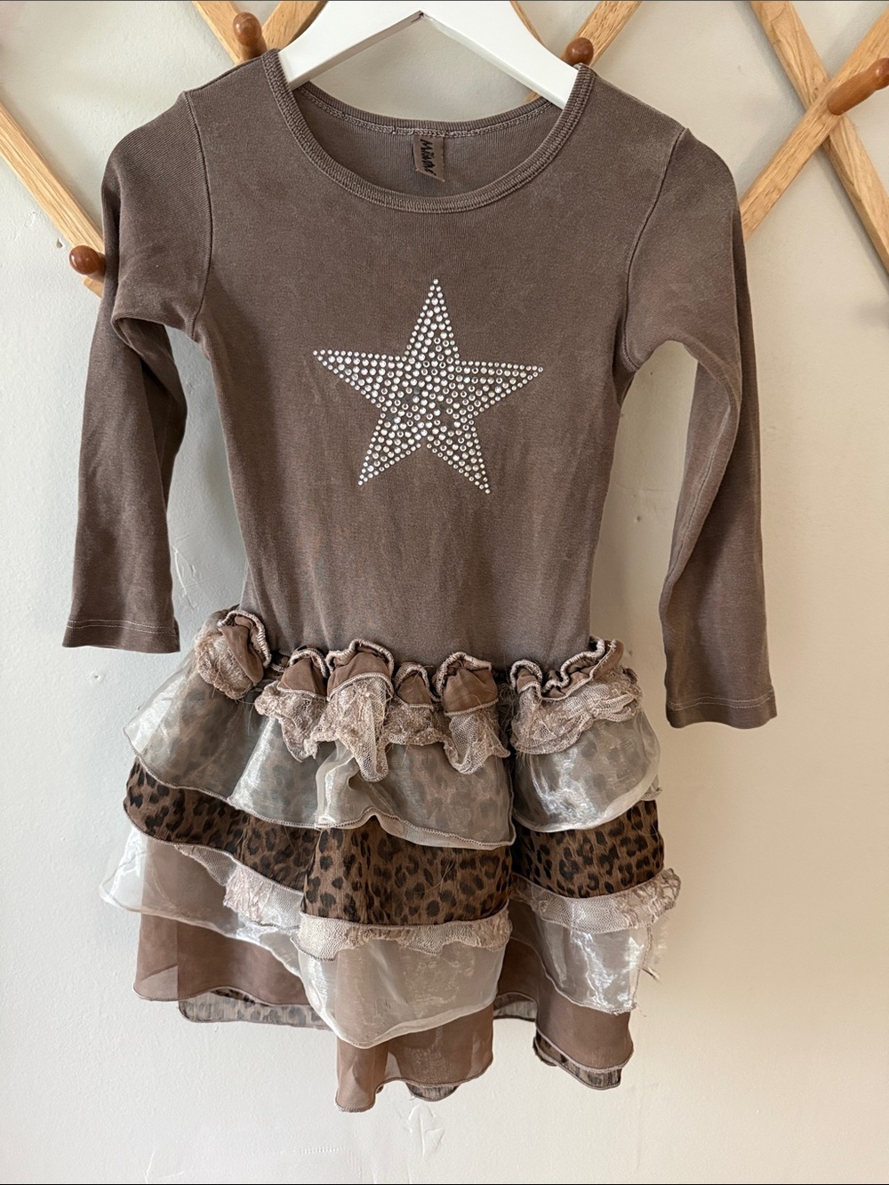 Mignone Girls Size 4 Rhinestone Star Leopard Ruffle Dress Brown Y2K